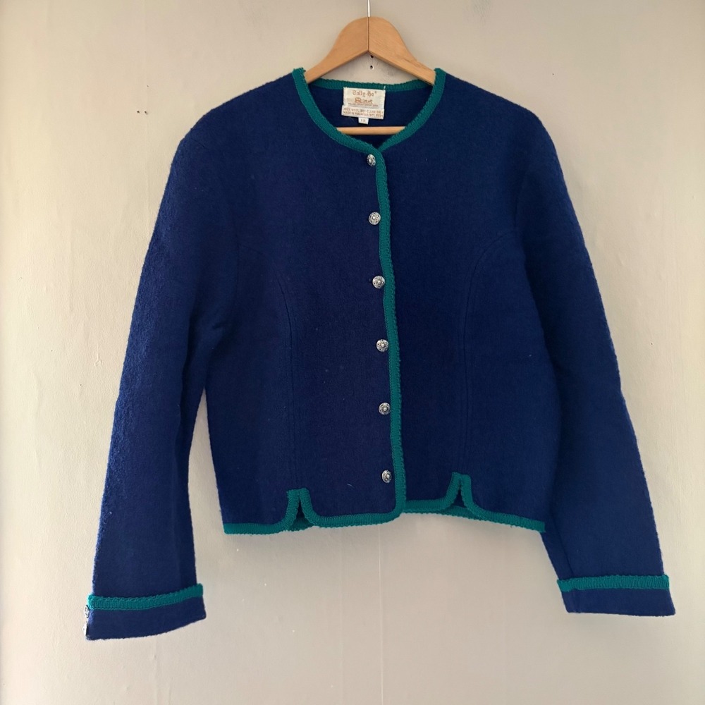 Vintage Tally Ho Womens Boiled Wool Sweater Jacket Size 12 Blue Rolled Cuffs